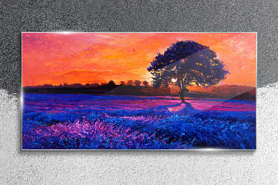 Sunset over a purple field Glass Wall Art