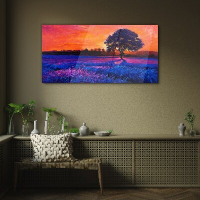 Sunset over a purple field Glass Wall Art