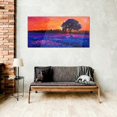 Sunset over a purple field Glass Wall Art