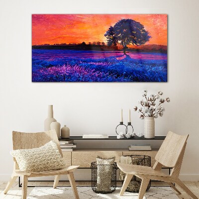 Sunset over a purple field Glass Wall Art
