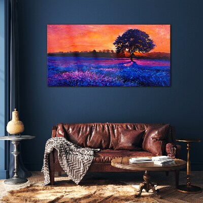 Sunset over a purple field Glass Wall Art