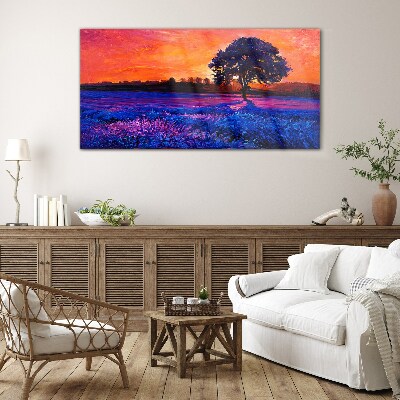 Sunset over a purple field Glass Wall Art