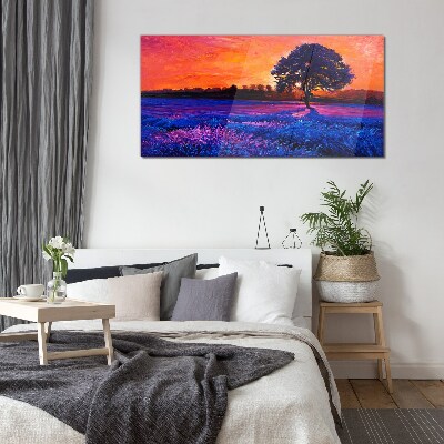 Sunset over a purple field Glass Wall Art