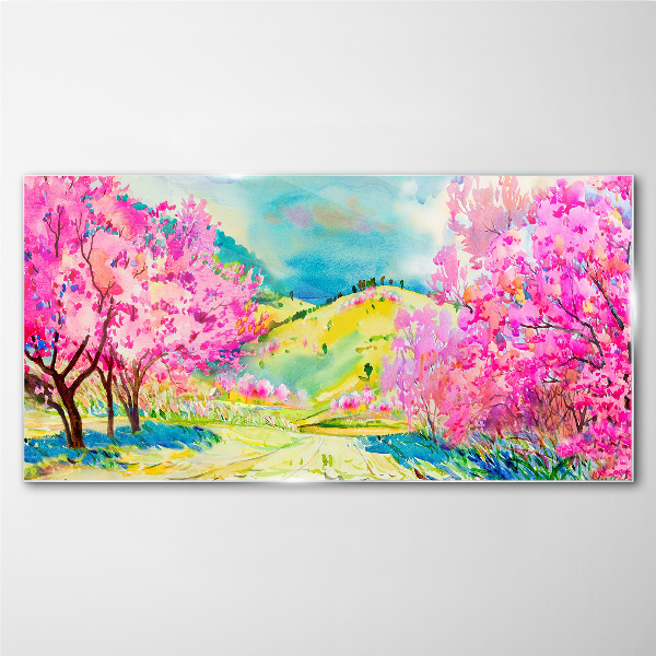 Spring landscape in pink shades Glass Wall Art