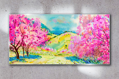 Spring landscape in pink shades Glass Wall Art