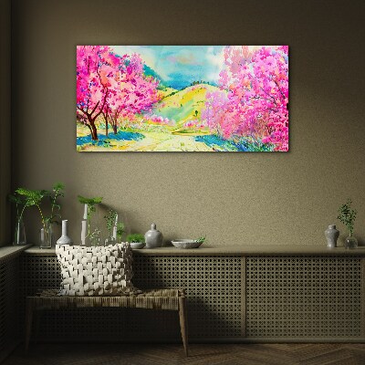 Spring landscape in pink shades Glass Wall Art