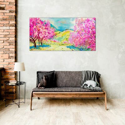 Spring landscape in pink shades Glass Wall Art