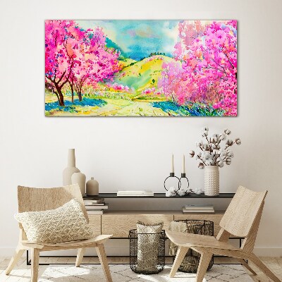 Spring landscape in pink shades Glass Wall Art