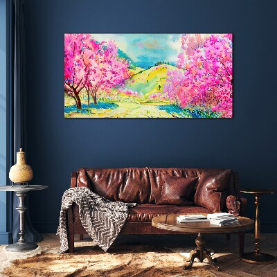 Spring landscape in pink shades Glass Wall Art