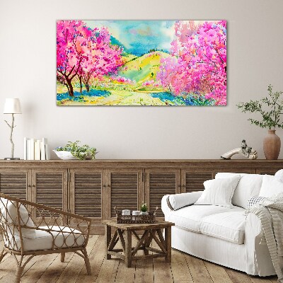 Spring landscape in pink shades Glass Wall Art
