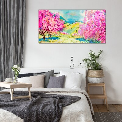 Spring landscape in pink shades Glass Wall Art