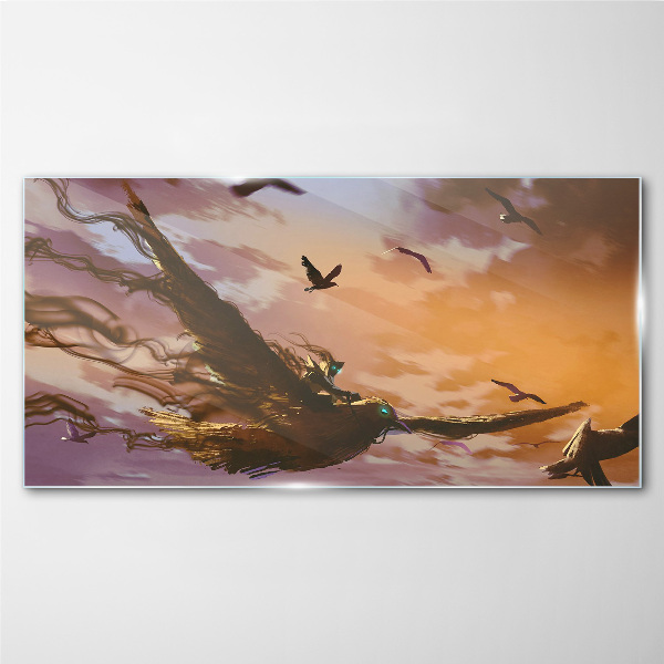 Flight of birds in the setting sun Glass Wall Art