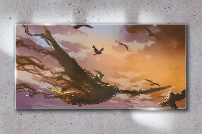 Flight of birds in the setting sun Glass Wall Art