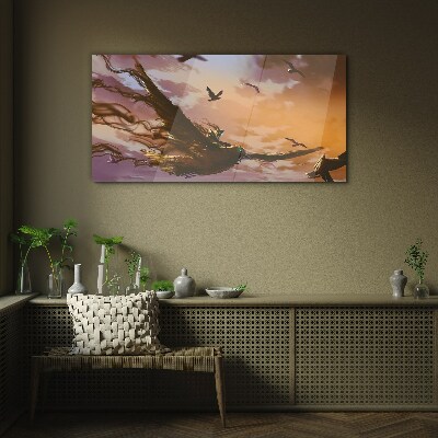 Flight of birds in the setting sun Glass Wall Art