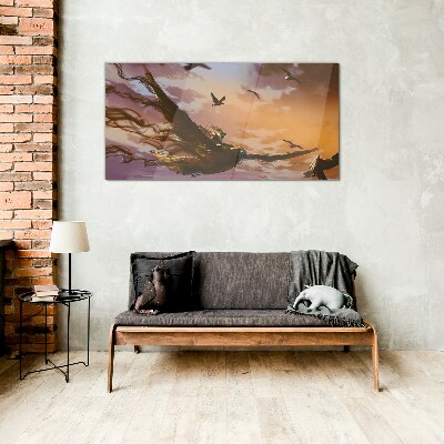 Flight of birds in the setting sun Glass Wall Art