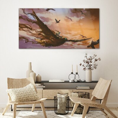 Flight of birds in the setting sun Glass Wall Art