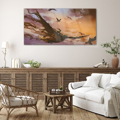 Flight of birds in the setting sun Glass Wall Art