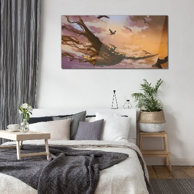 Flight of birds in the setting sun Glass Wall Art