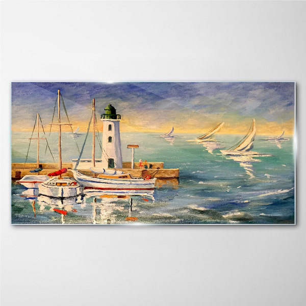 Seascape with a lighthouse Glass Wall Art