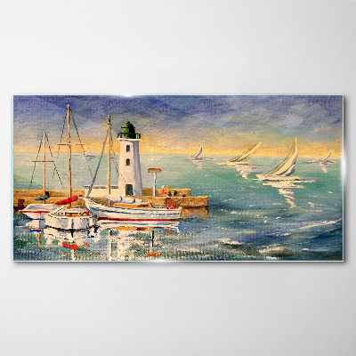 Seascape with a lighthouse Glass Wall Art