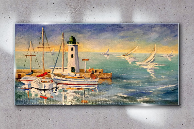 Seascape with a lighthouse Glass Wall Art