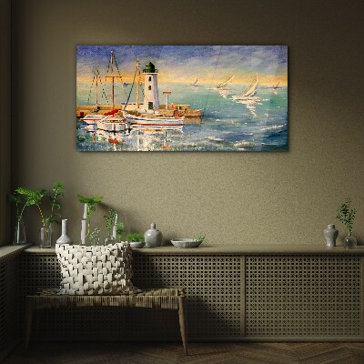Seascape with a lighthouse Glass Wall Art