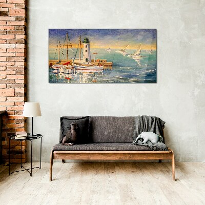 Seascape with a lighthouse Glass Wall Art