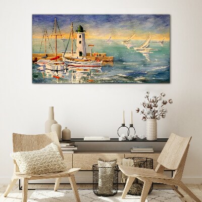 Seascape with a lighthouse Glass Wall Art