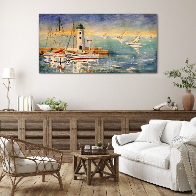 Seascape with a lighthouse Glass Wall Art
