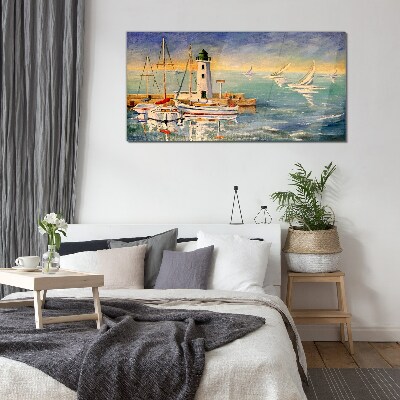 Seascape with a lighthouse Glass Wall Art