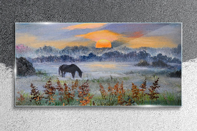 Sunset meadow animal Glass Wall Art