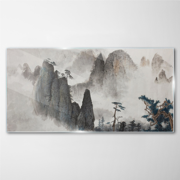 Modern mountain mist trees Glass Wall Art