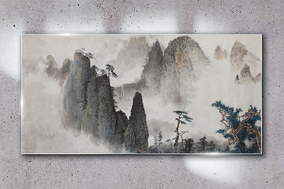 Modern mountain mist trees Glass Wall Art