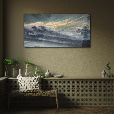 Mountain landscape at dusk Glass Wall Art