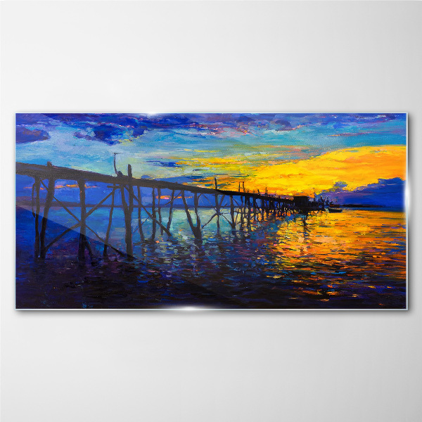 Sunset over the pier Glass Wall Art