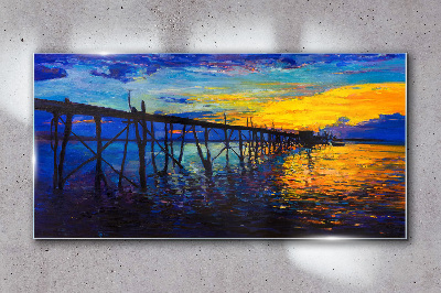 Sunset over the pier Glass Wall Art