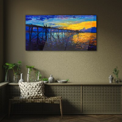 Sunset over the pier Glass Wall Art