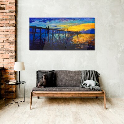 Sunset over the pier Glass Wall Art
