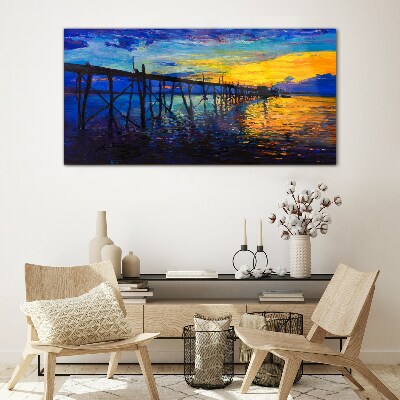 Sunset over the pier Glass Wall Art