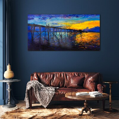 Sunset over the pier Glass Wall Art