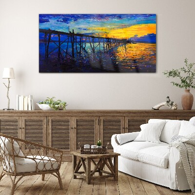 Sunset over the pier Glass Wall Art