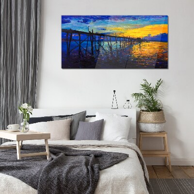 Sunset over the pier Glass Wall Art