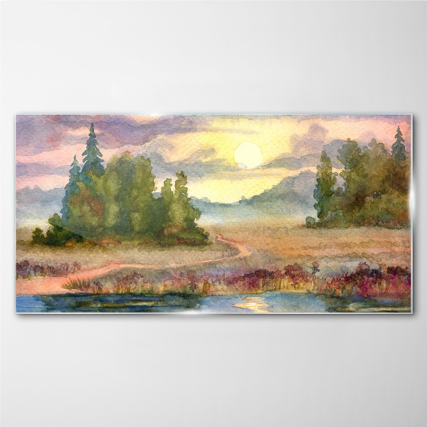 A quiet morning by the lake Glass Wall Art