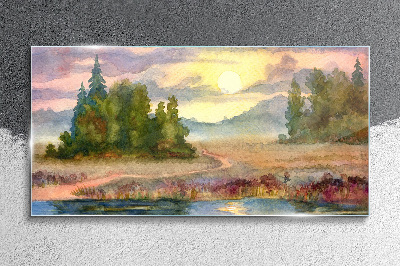 A quiet morning by the lake Glass Wall Art