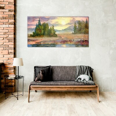 A quiet morning by the lake Glass Wall Art