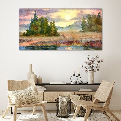 A quiet morning by the lake Glass Wall Art