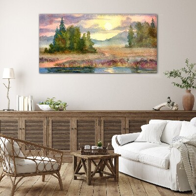 A quiet morning by the lake Glass Wall Art