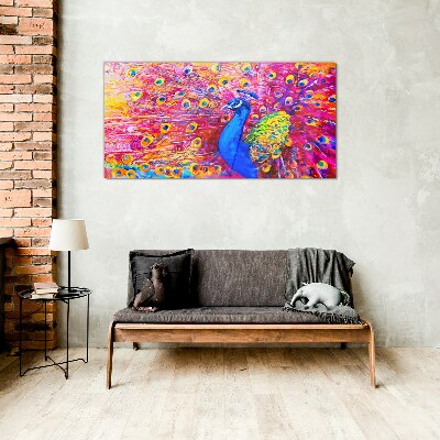 Colorful peacock in spring glow Glass Wall Art