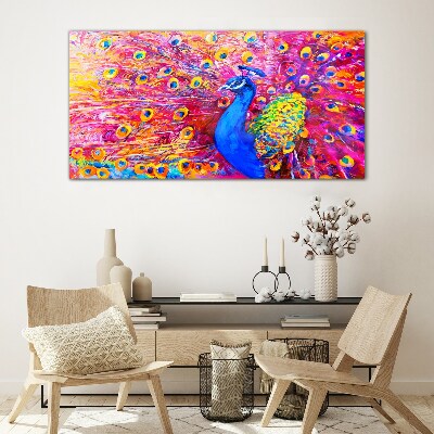 Colorful peacock in spring glow Glass Wall Art