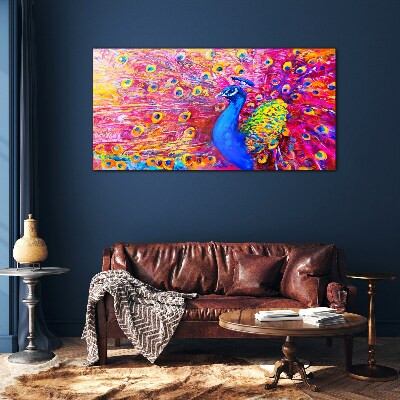 Colorful peacock in spring glow Glass Wall Art